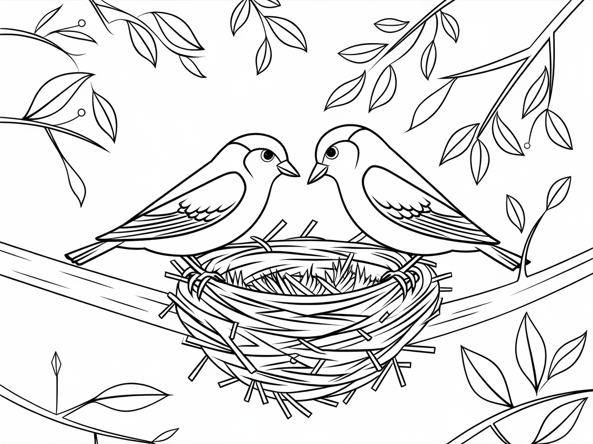Color a Tranquil Nesting Bird Scene