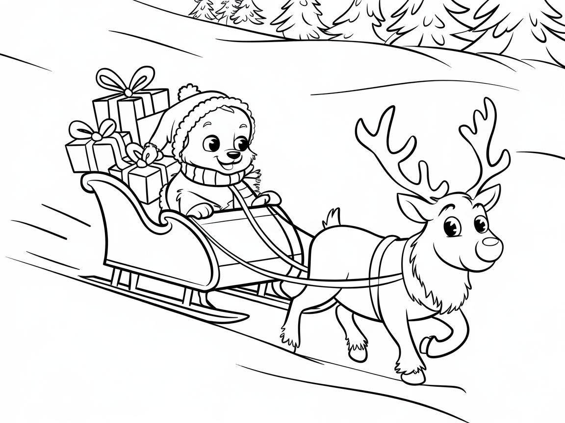 Festive Puppy Riding a Sleigh with Reindeer