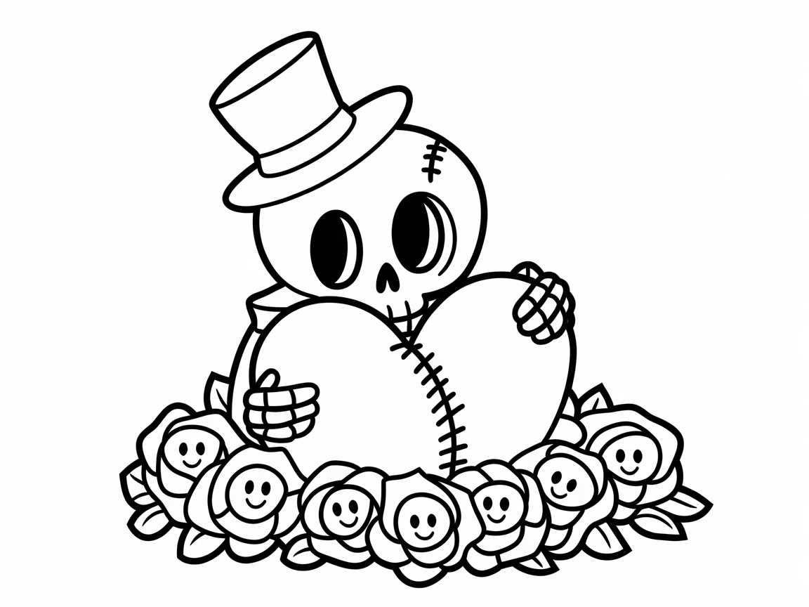 Charming Skull with Top Hat and Roses for Fun Coloring