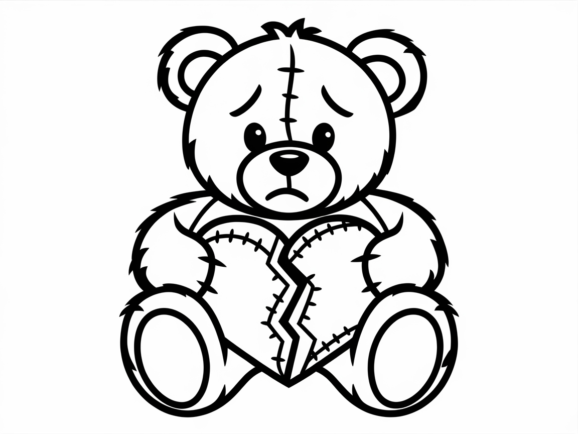 Saddened Teddy Bear with a Stitched Heart Coloring Page