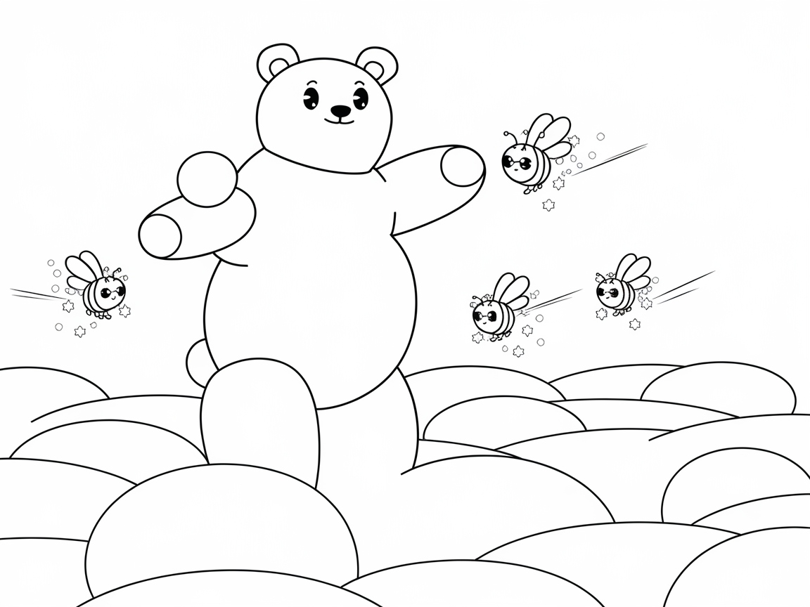 Playful Bear and Bee Adventure in a Cuddly Cloudscape