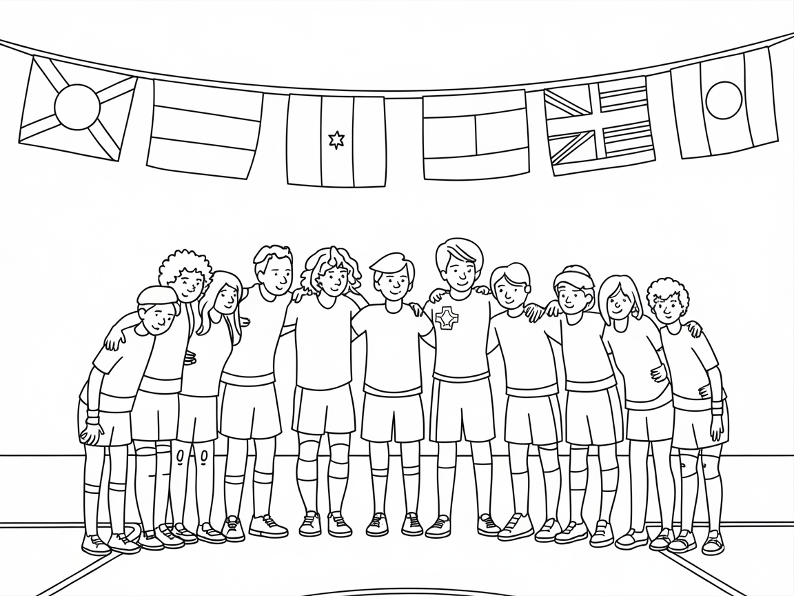 Unite With This Team Huddle Under International Flags
