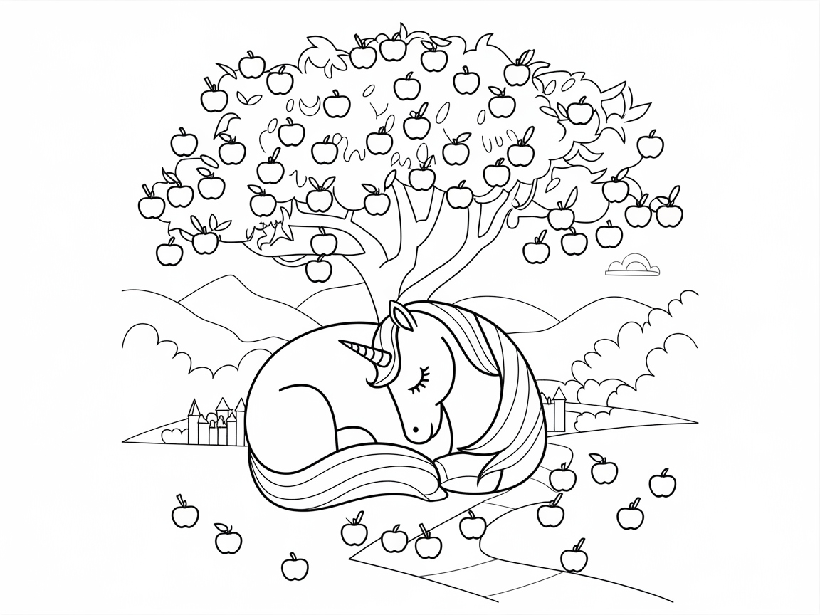 Dreamy Unicorn Resting Under an Apple Tree
