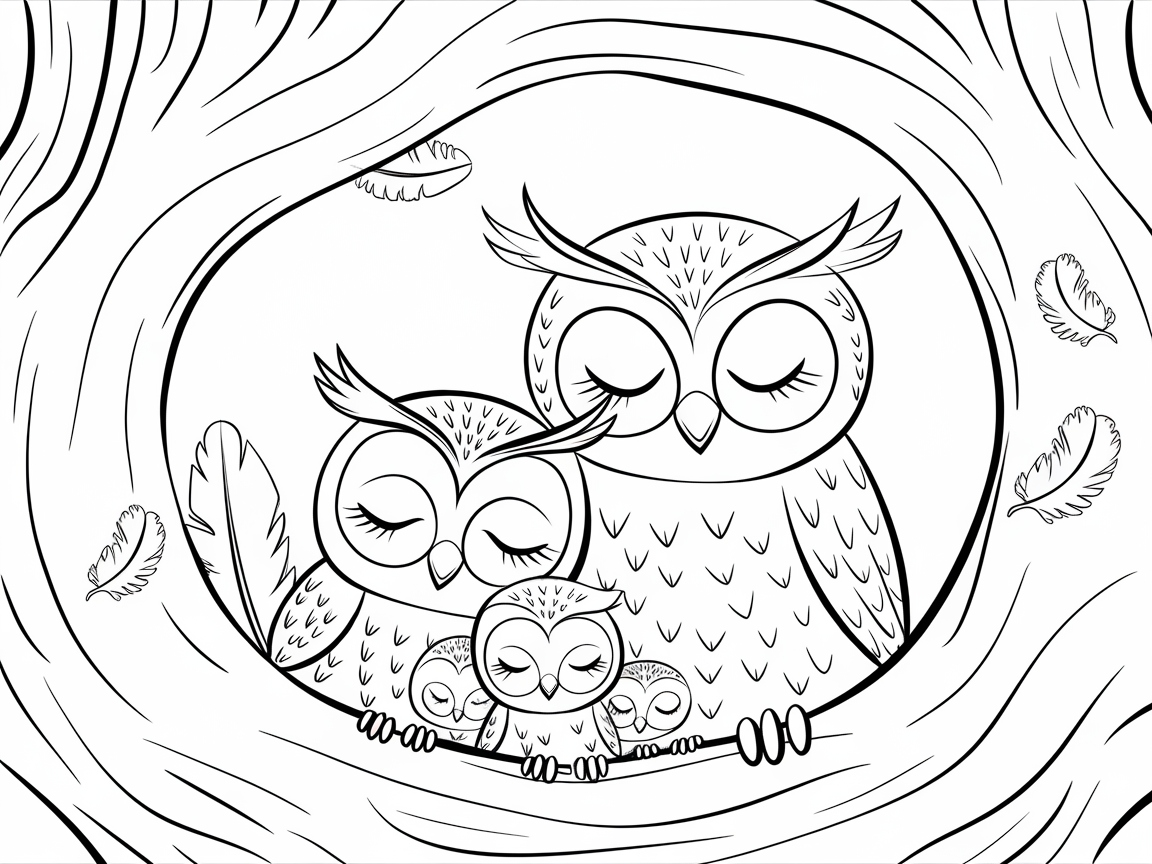 Embrace Serenity with This Owl Family Coloring Scene