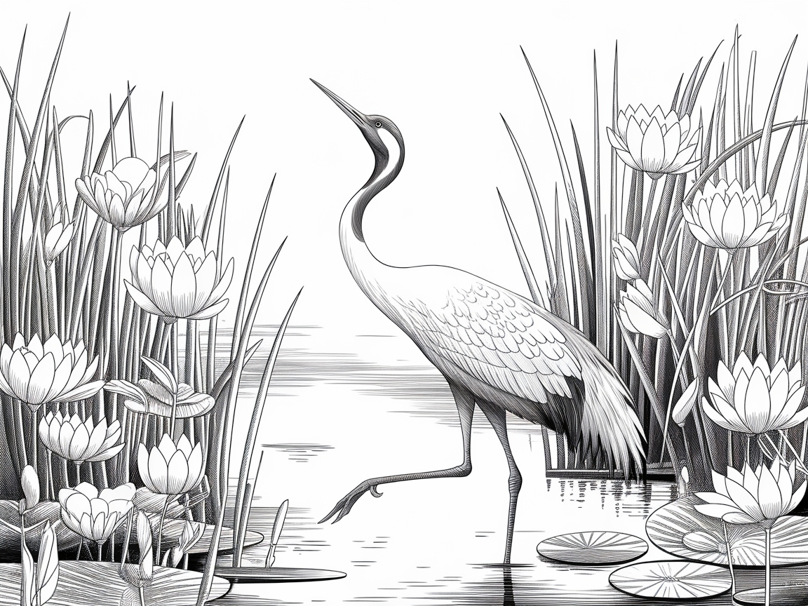 Elegant Crane Amongst Lotus
