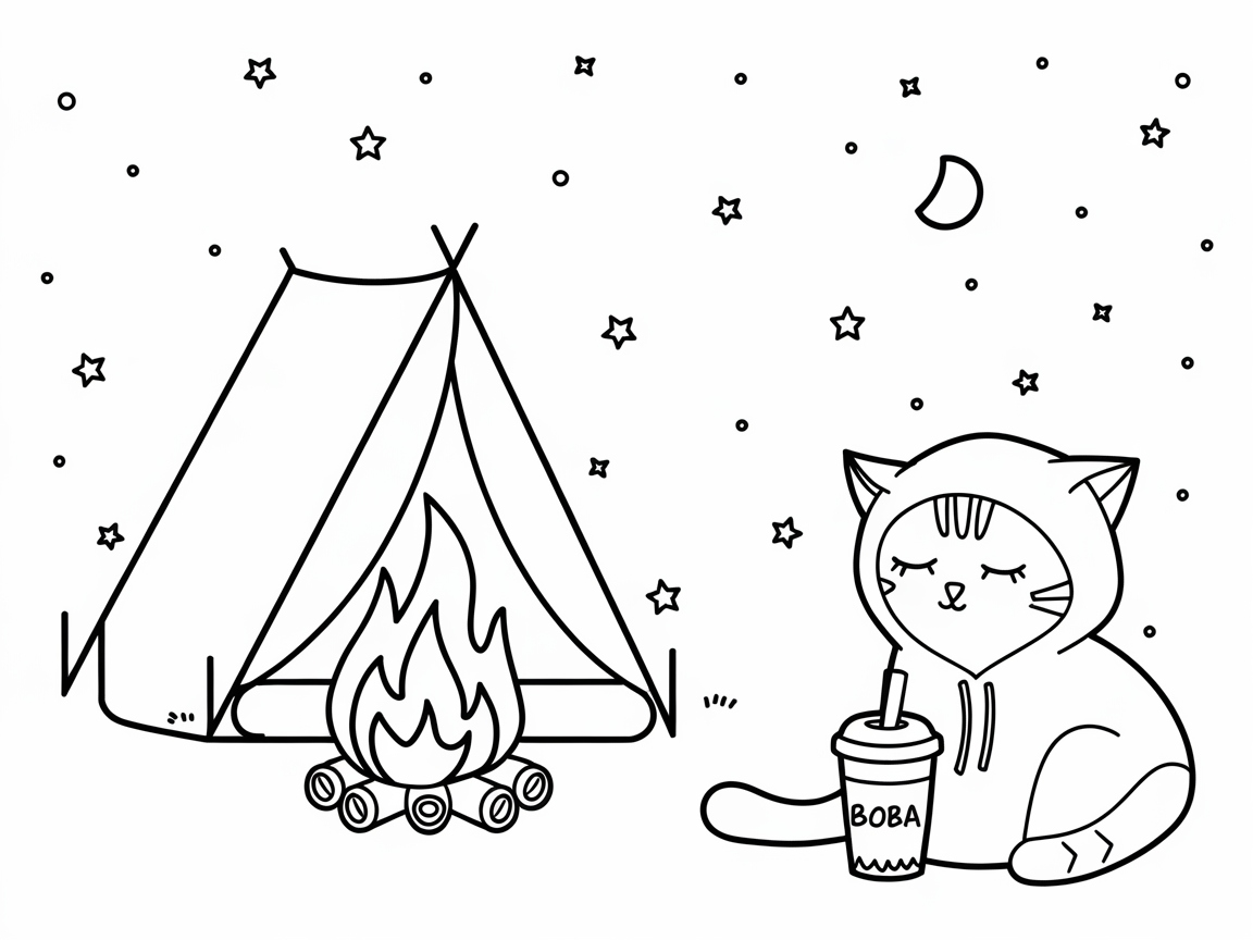 Campfire Cat Enjoying Boba Under the Stars