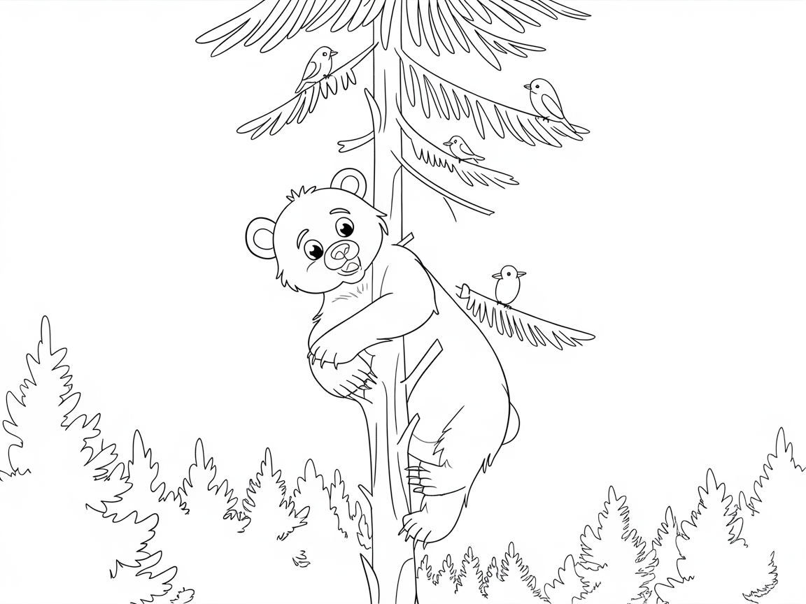 Sweet Little Bear Hugging a Tall Pine Tree