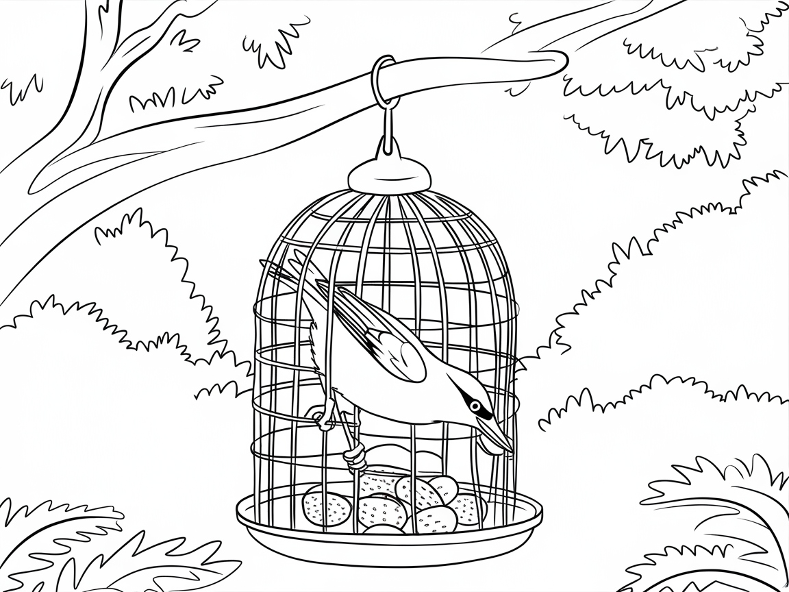 Curious Bird in a Wire Cage Feeder