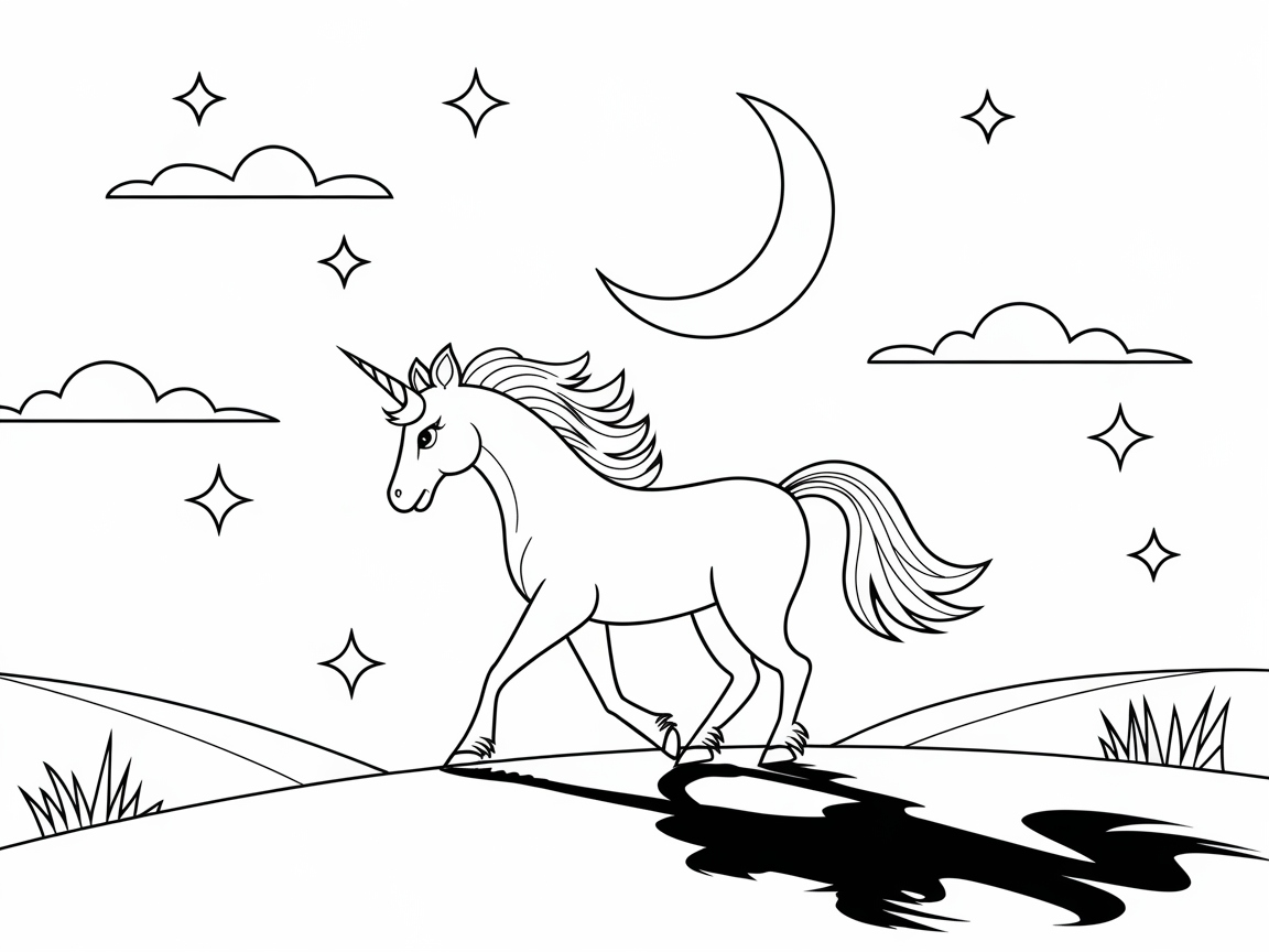 Dreamy Unicorn Stroll Under a Crescent Moon