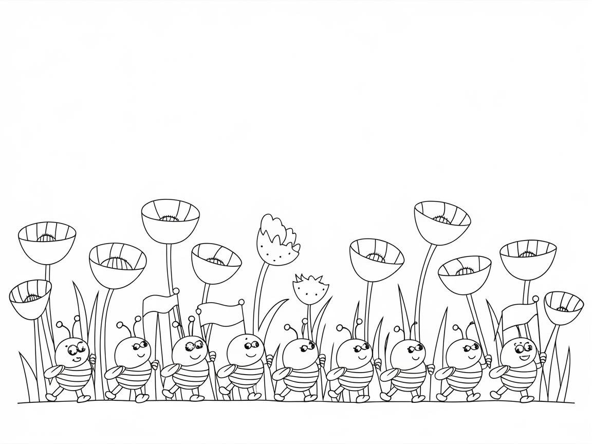 Happy Bee Parade Through Flower Fields