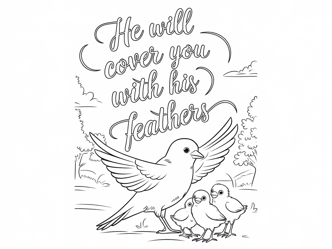 Under His Wings: Comforting Bird Family Coloring Page