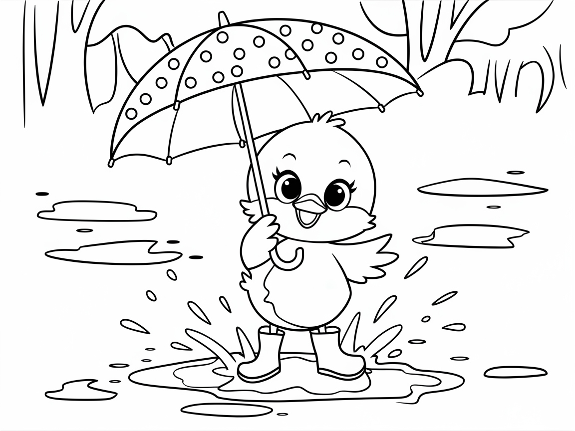Puddle-Splashing Chick with Umbrella Fun