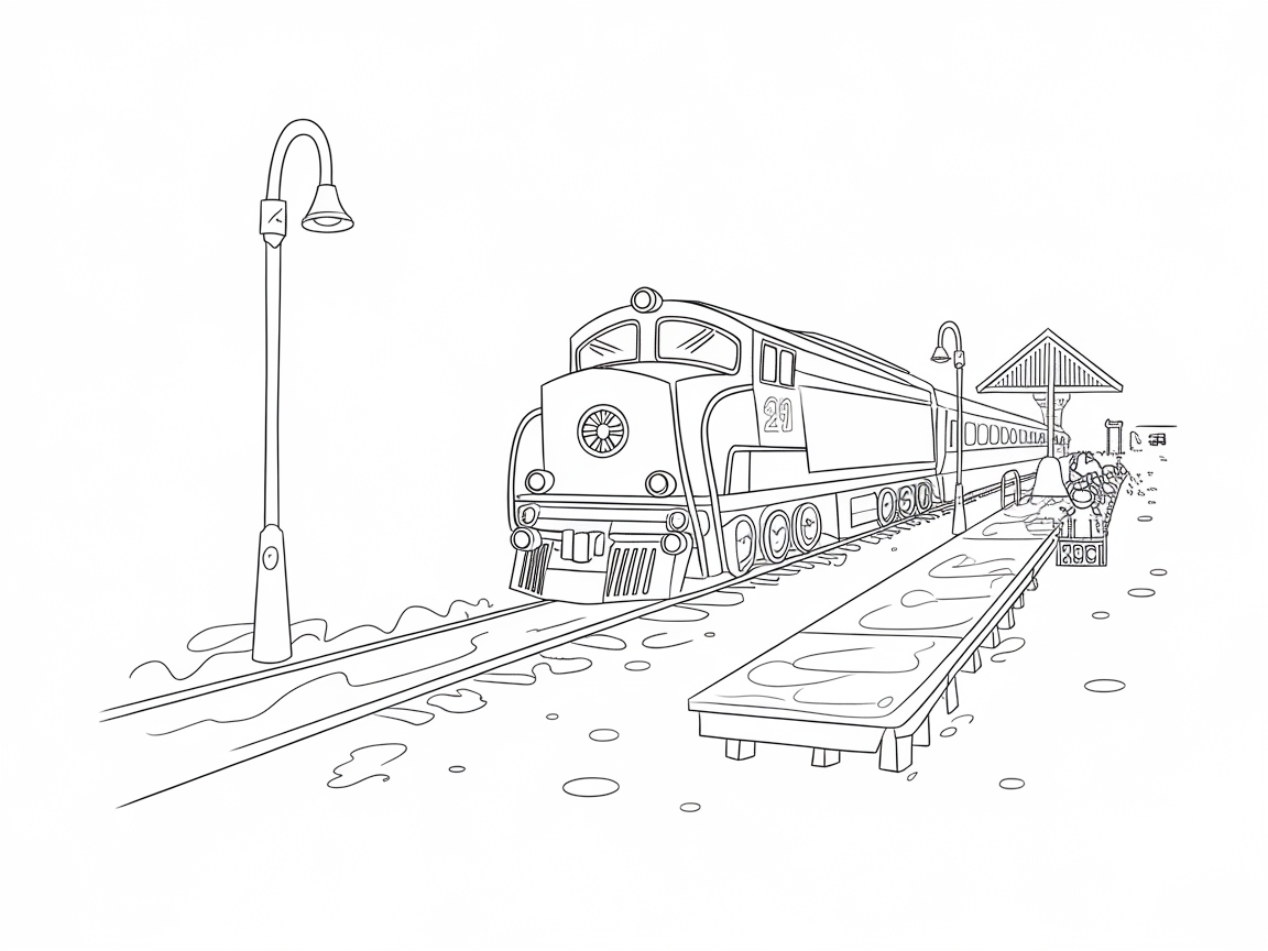 Classic Train at the Station Coloring Scene