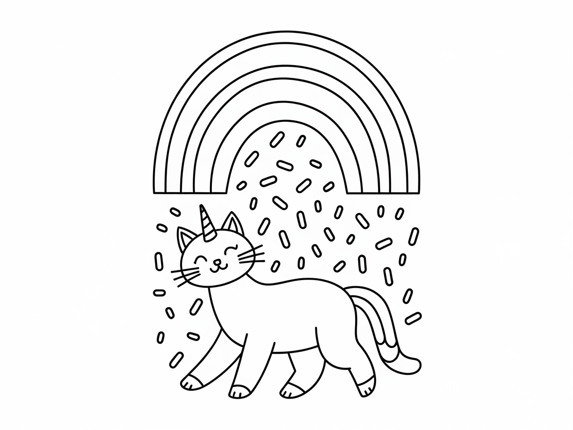 Unicorn Cat Under a Rainbow Sprinkle Shower