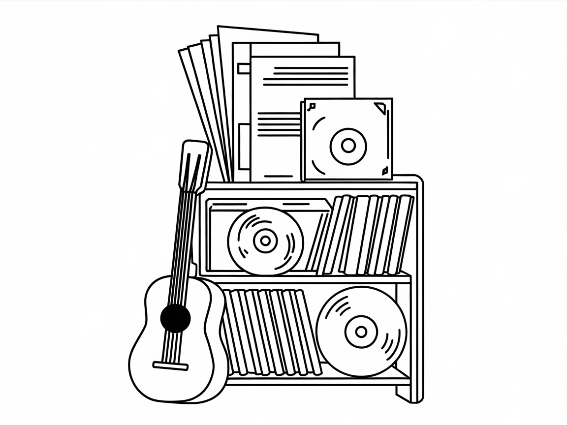 Musical Bookshelf with Guitar and Records