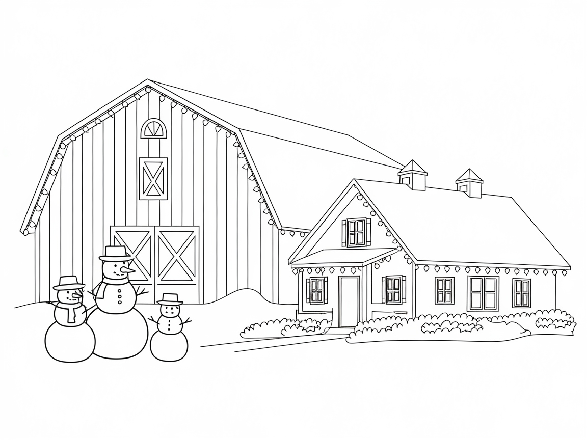 Festive Farmhouse and Barn with Snowmen