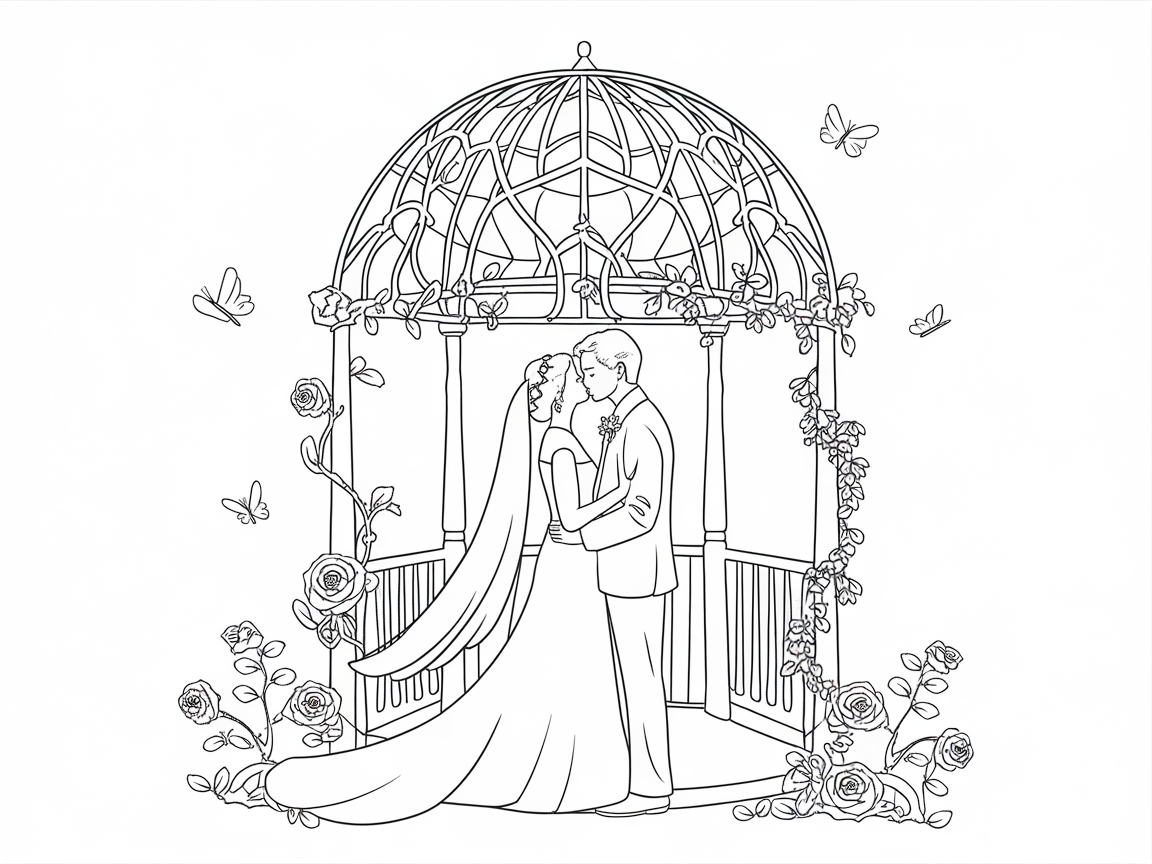 Elegant Gazebo Wedding Scene with Romantic Floral Accents