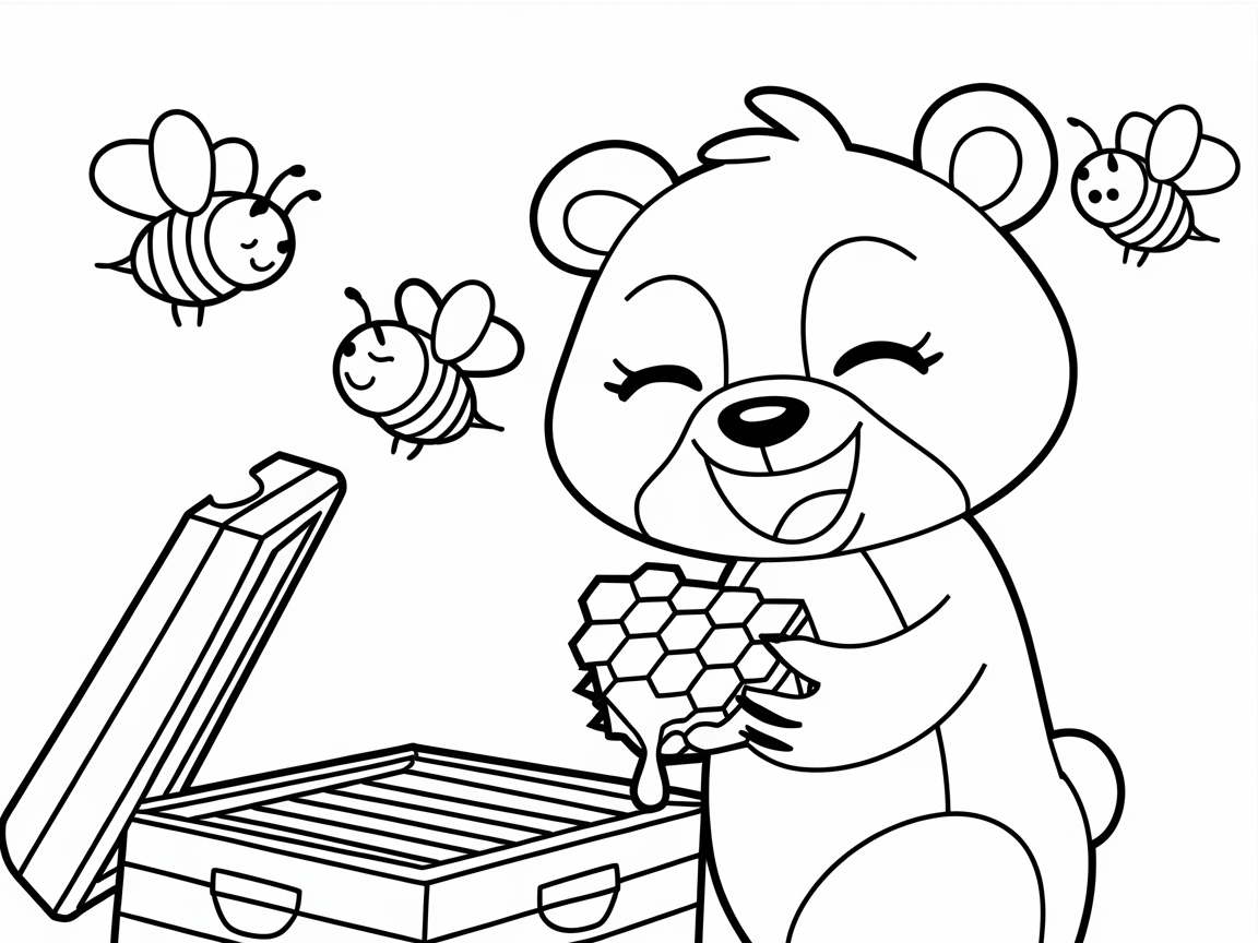 Happy Bear with a Sweet Honeycomb and Busy Bees