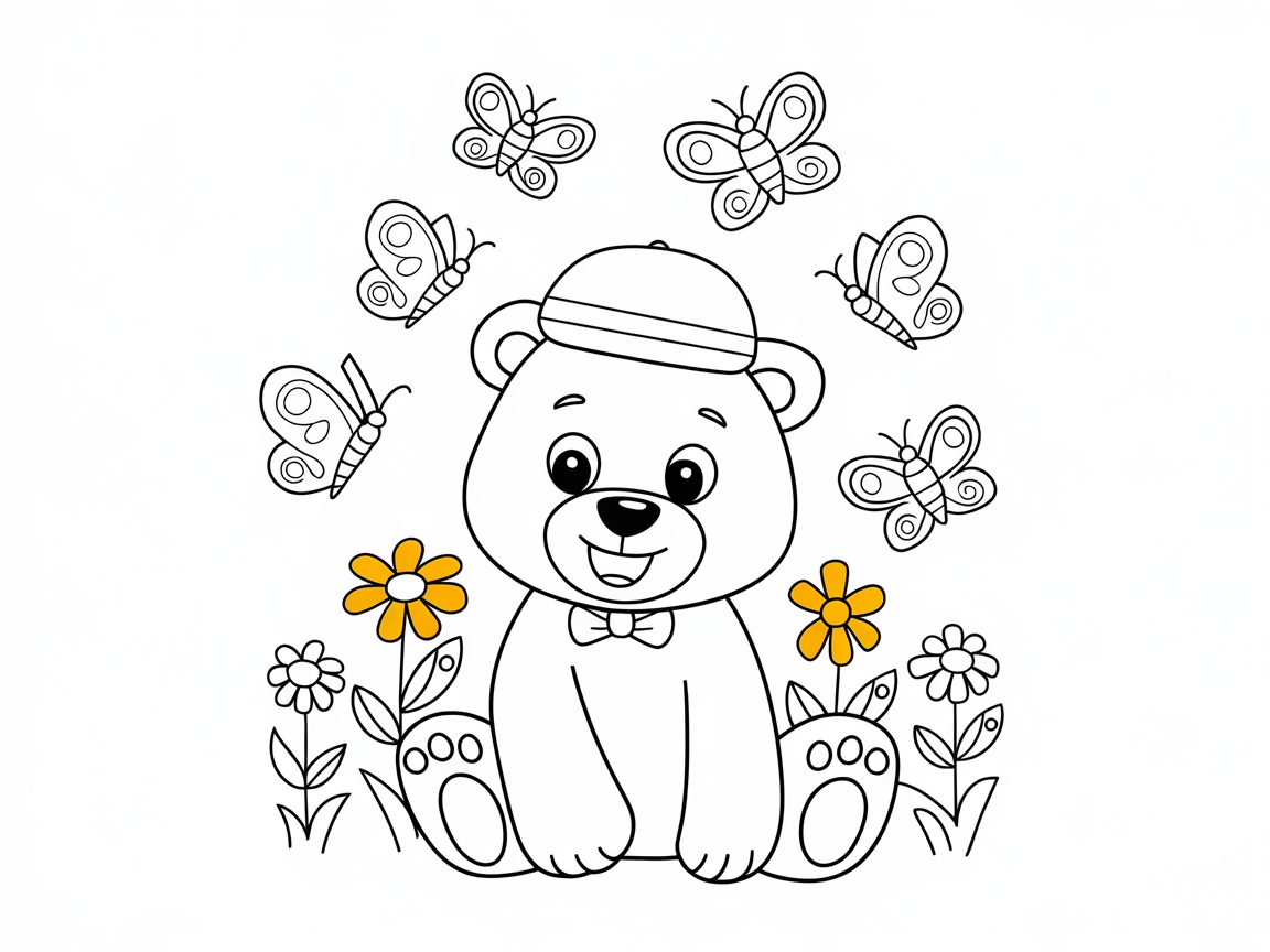 Charming Bear with Butterflies Coloring Page