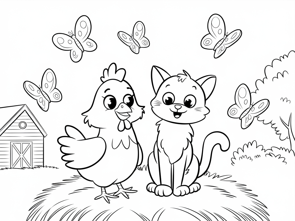 Chicken and Kitten Farm Friends Coloring Page
