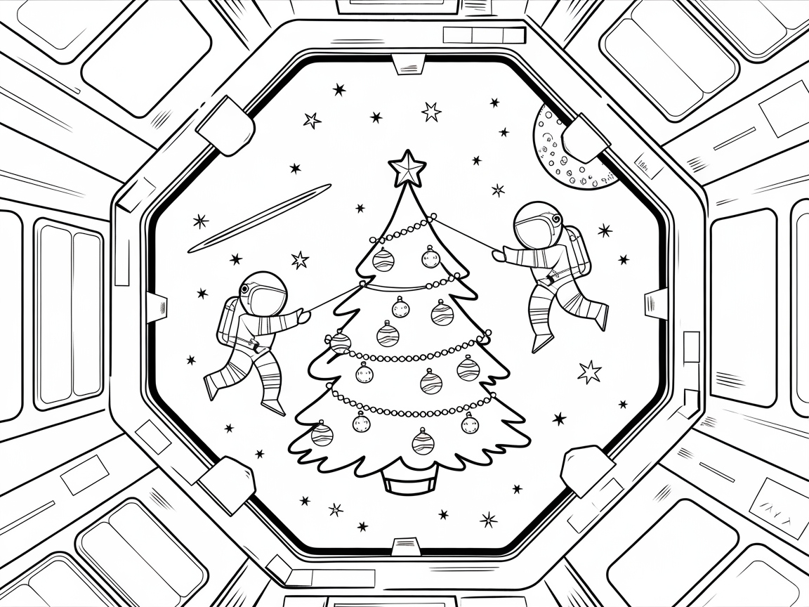 Astronauts Decorating a Space Christmas Tree