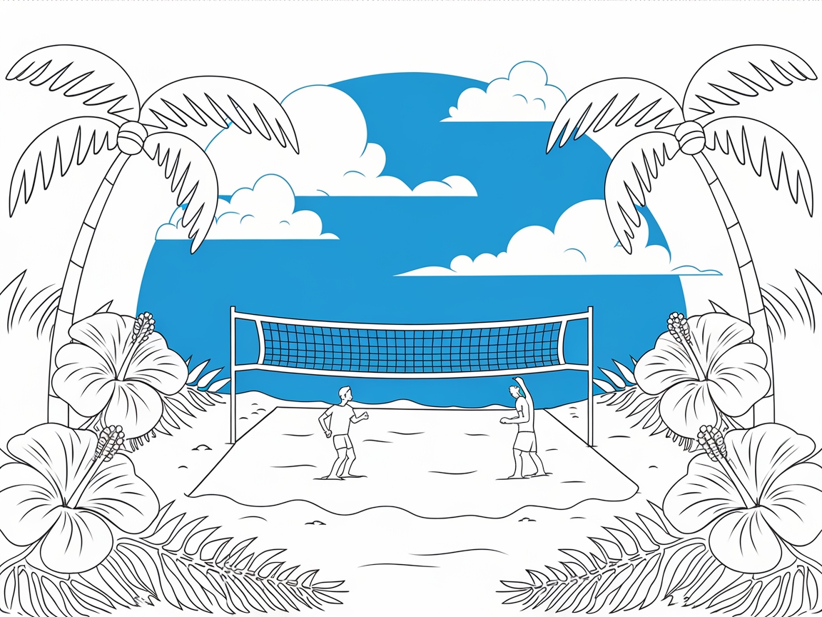 Set the Scene with This Tropical Volleyball Coloring Page