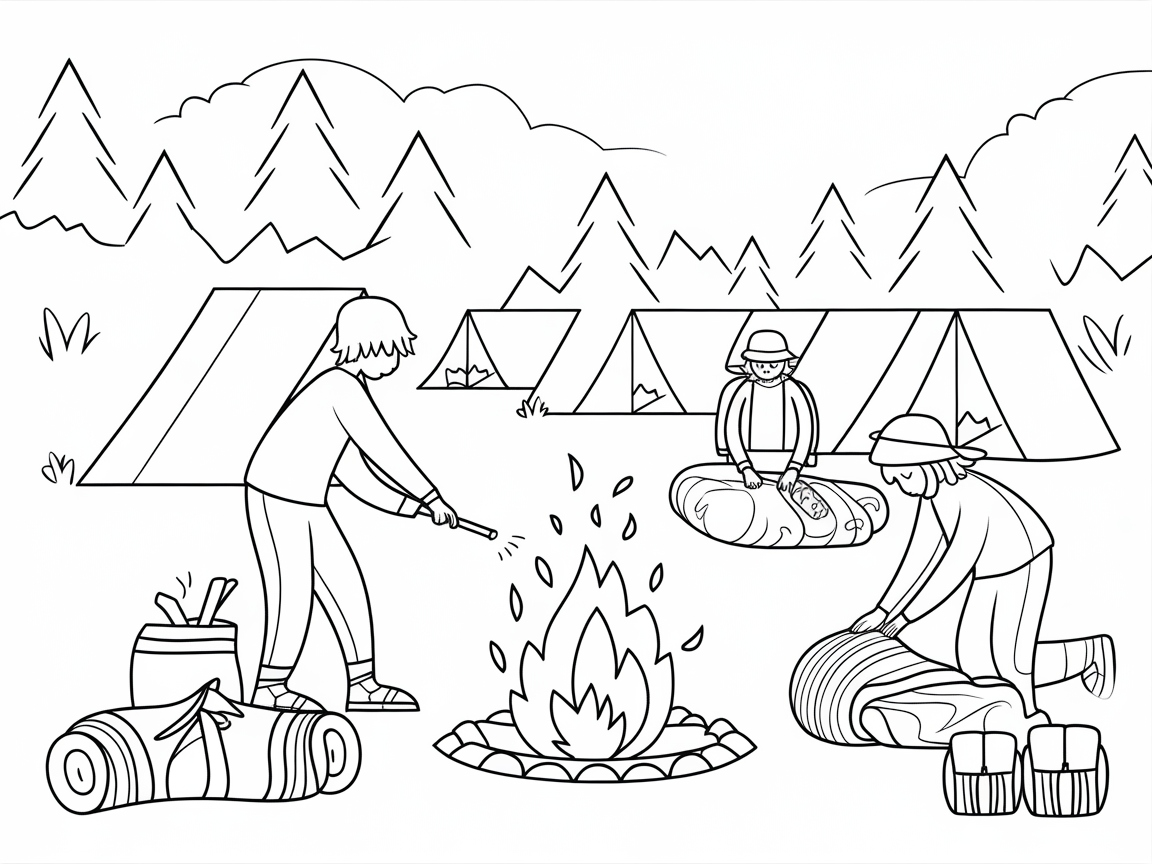Setting Up Camp Around a Cozy Fire