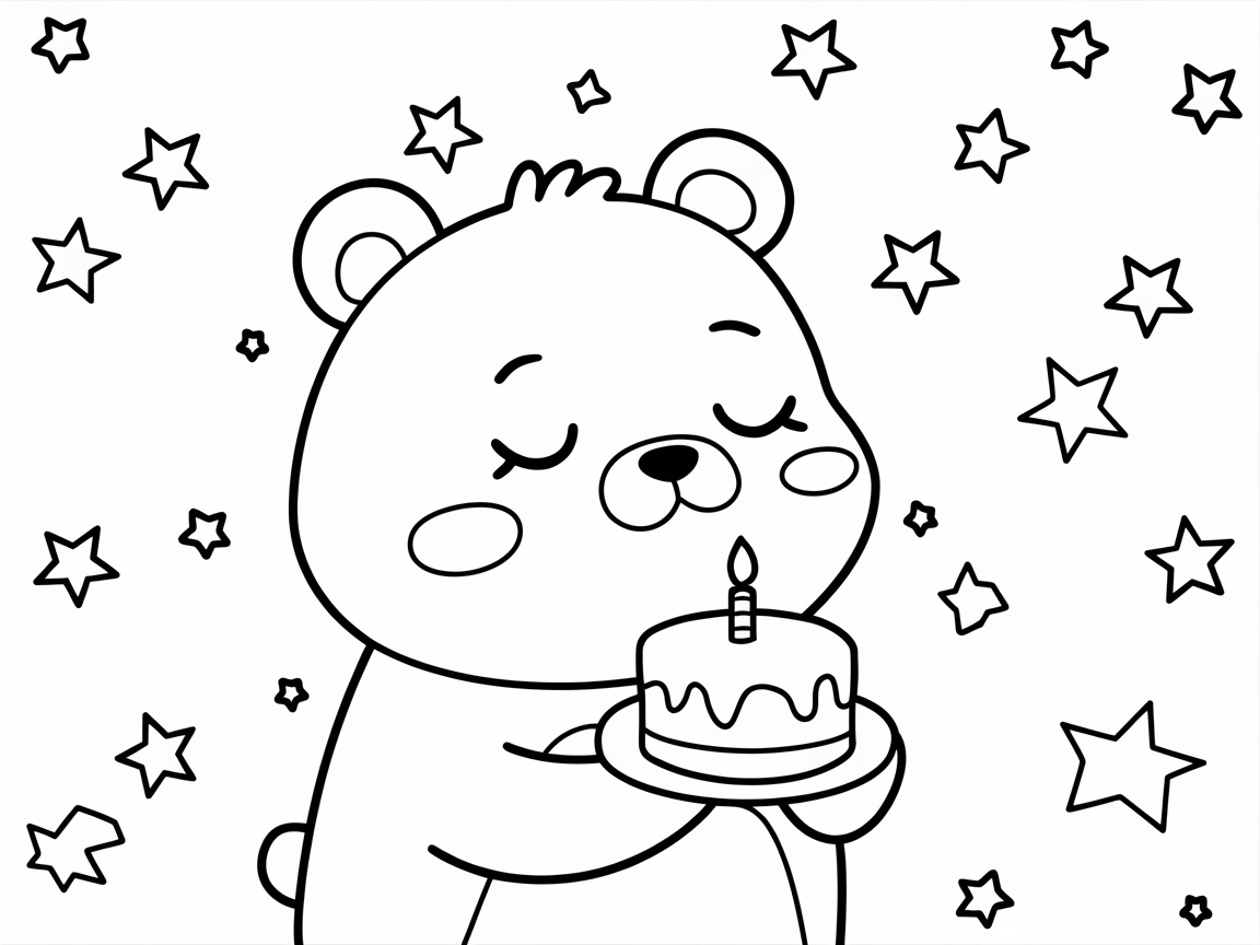 Wish Upon a Star with This Birthday Bear and Cake Coloring Page