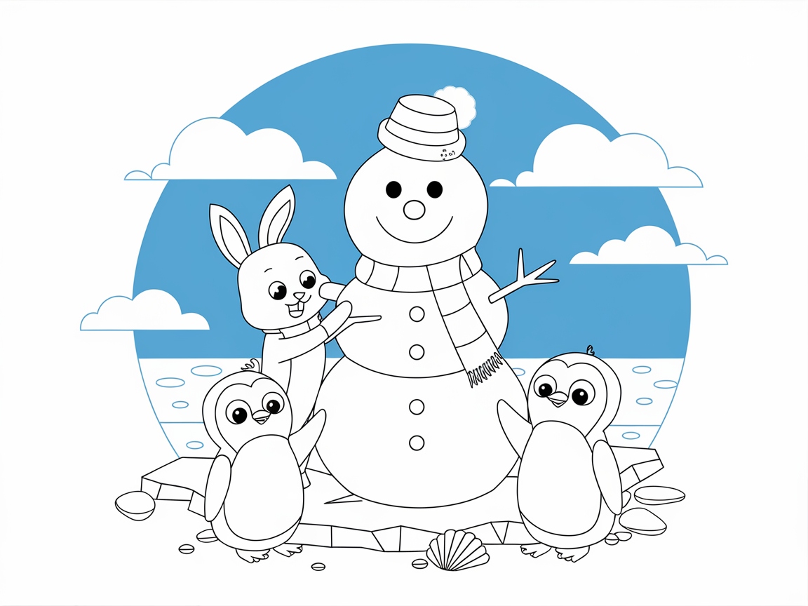 Bunny and Penguins Building a Jolly Snowman