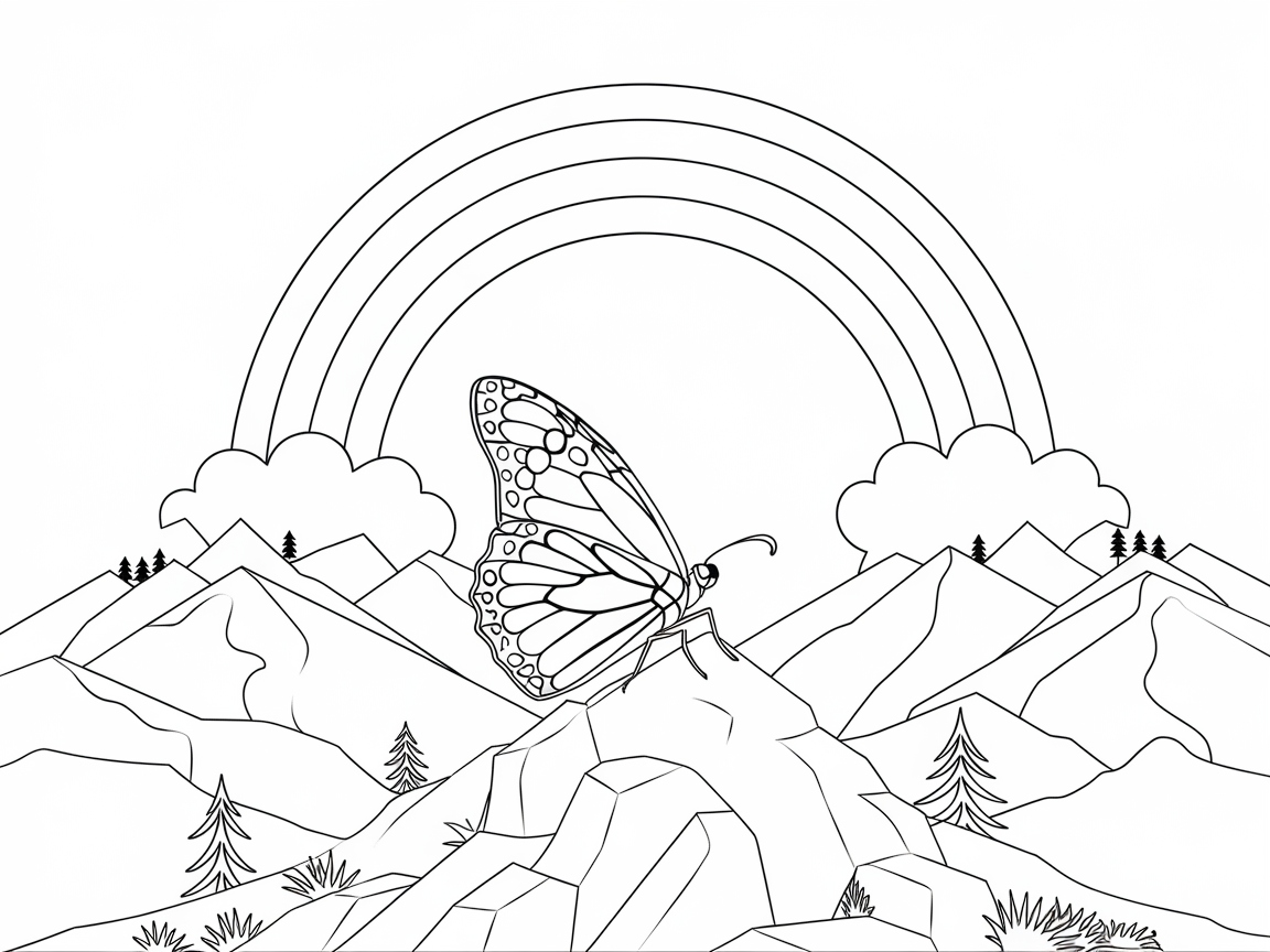 Majestic Butterfly Over Mountain Peaks and Rainbow
