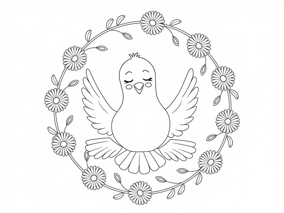 Whimsical Bird in a Floral Circle