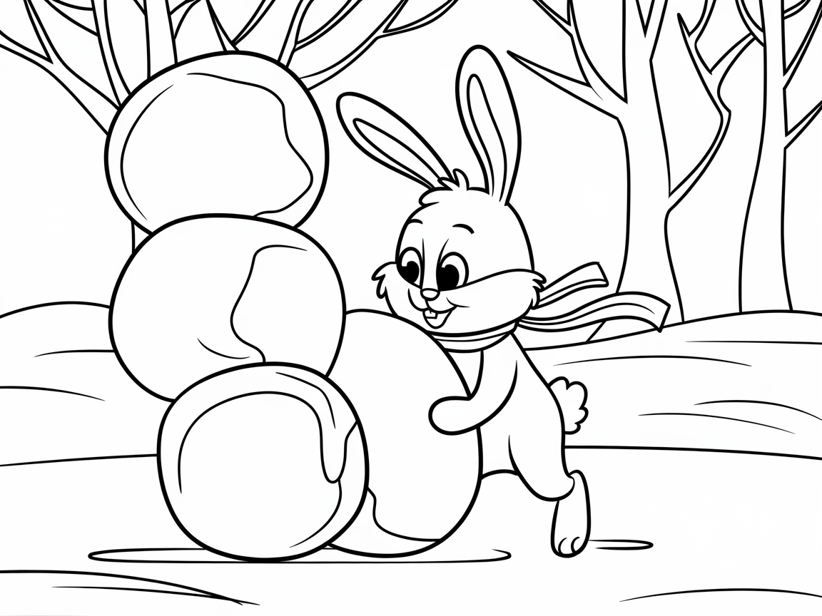 Bunny Building a Snowman in the Winter Woods