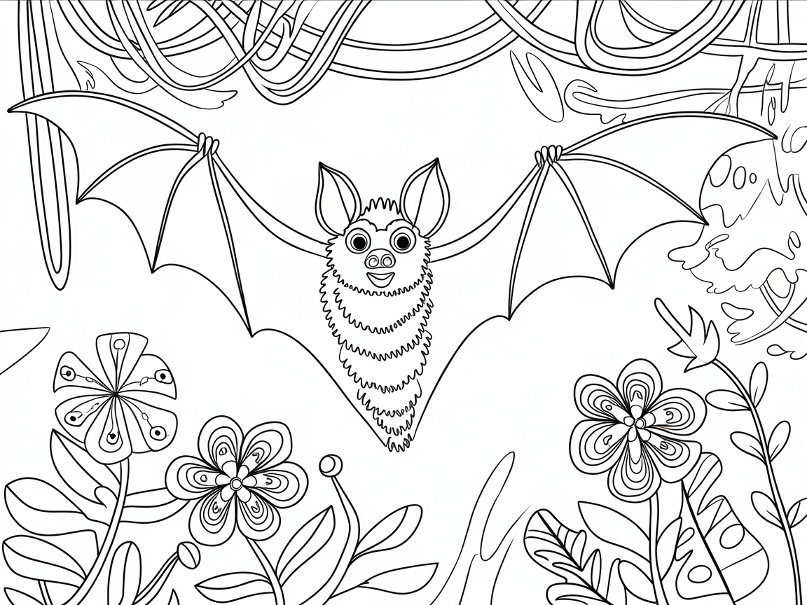 Whimsical Bat Among Tropical Blooms