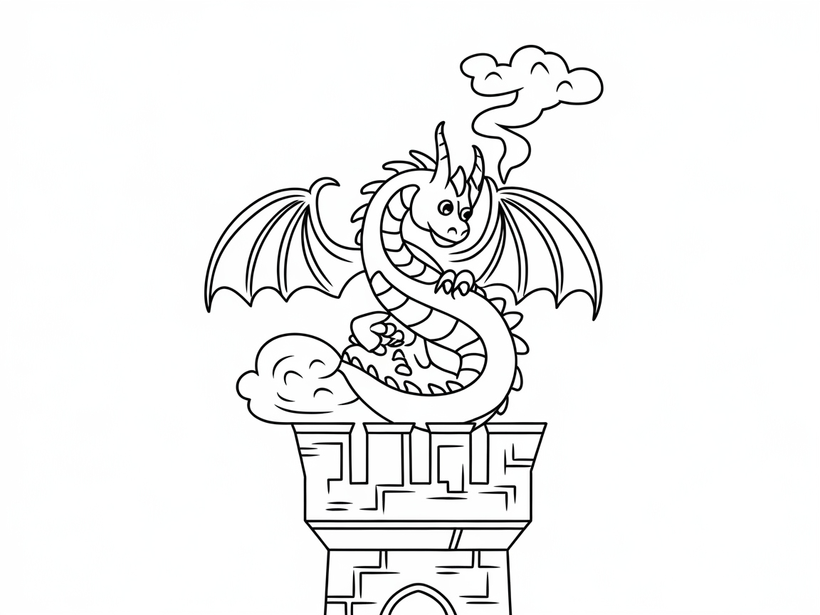Majestic Dragon Perched on a Castle Chimney Coloring Page