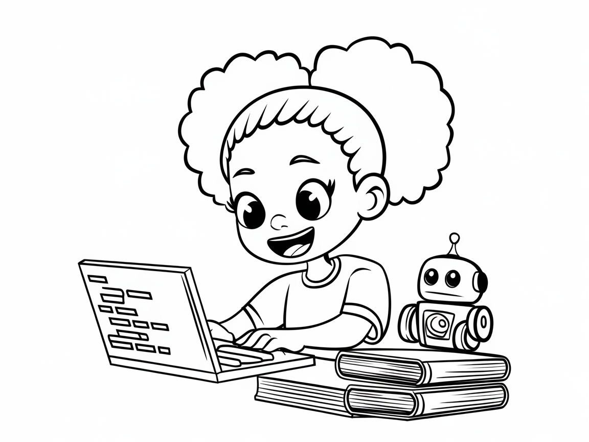 Tech-Savvy Coder Girl and Her Robot Friend Coloring Page