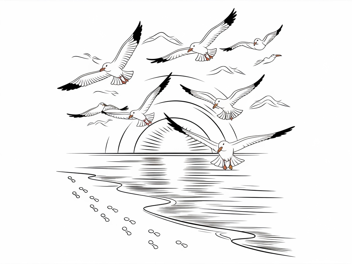 Welcome the Seagulls at Sunrise on This Coastal Coloring Page