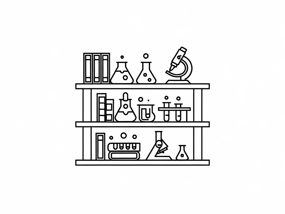Scientific Bookshelf Filled with Lab Essentials
