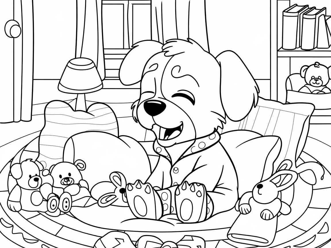 Snuggly Bedtime: Color This Cozy Puppy Scene