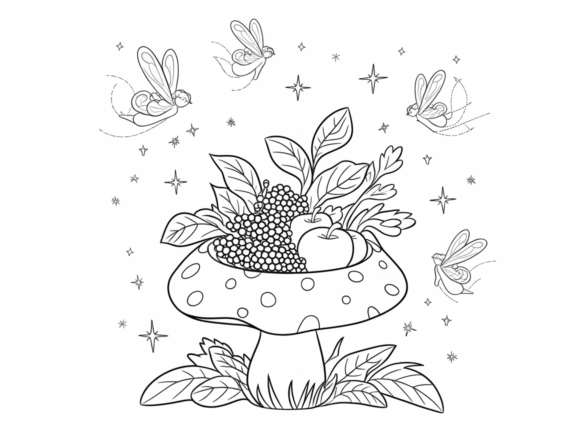 Enchanted Fruit Bowl on a Magical Mushroom
