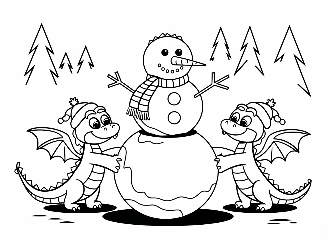 Cheerful Dragons Building a Snowman