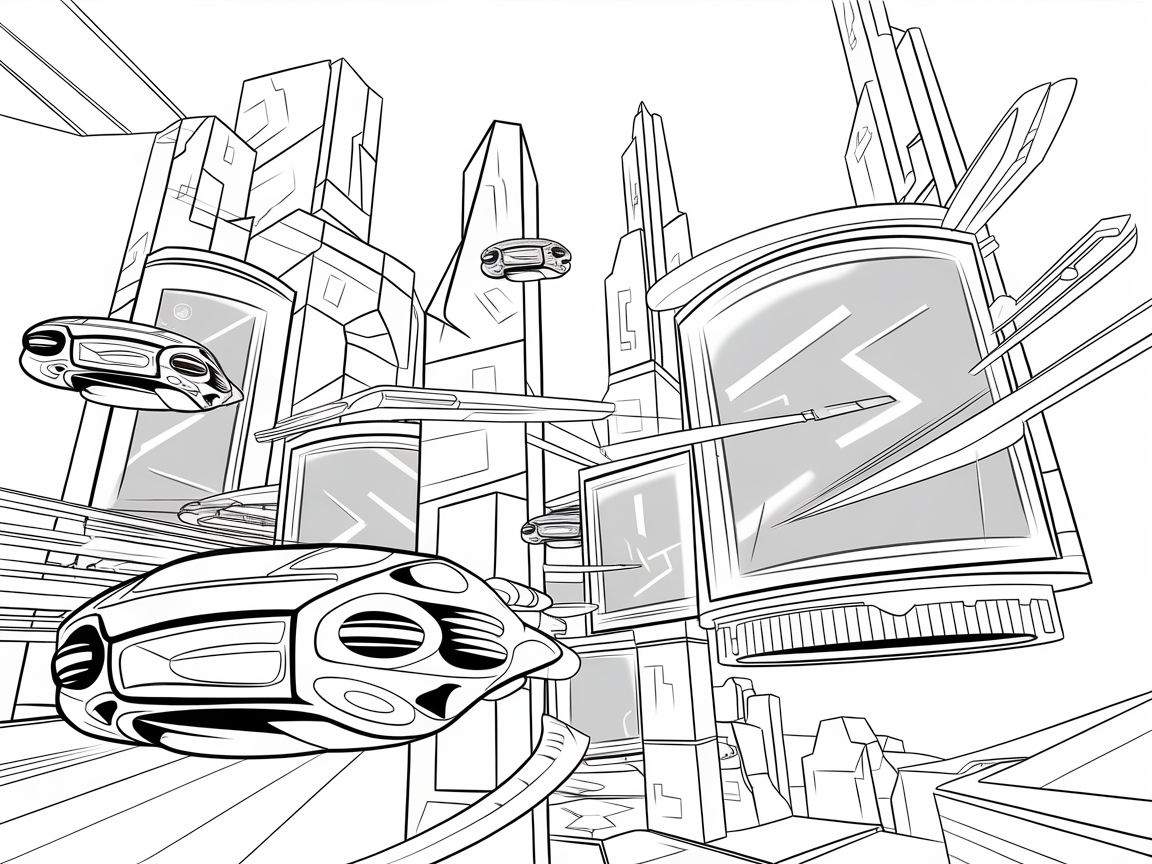 Futuristic Floating City with Hover Cars Awaits Your Colors