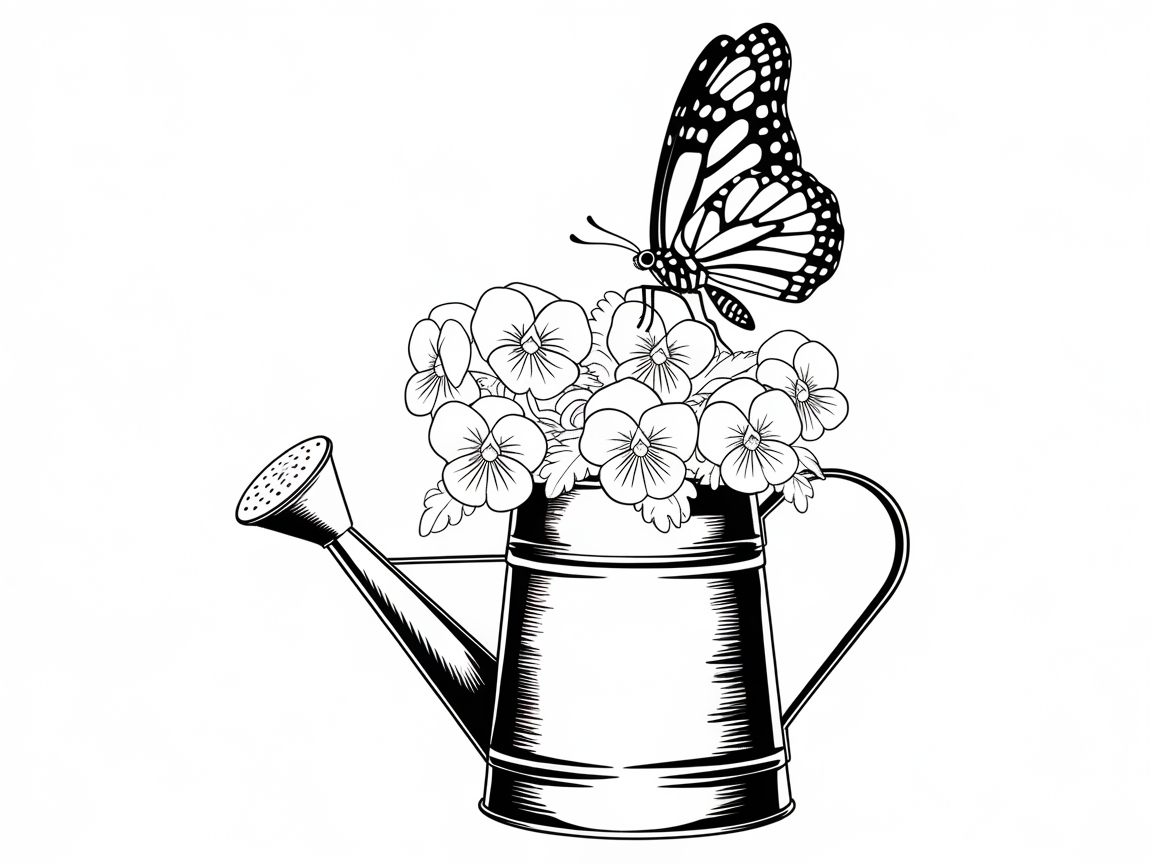 Butterfly and Blossoms on a Watering Can