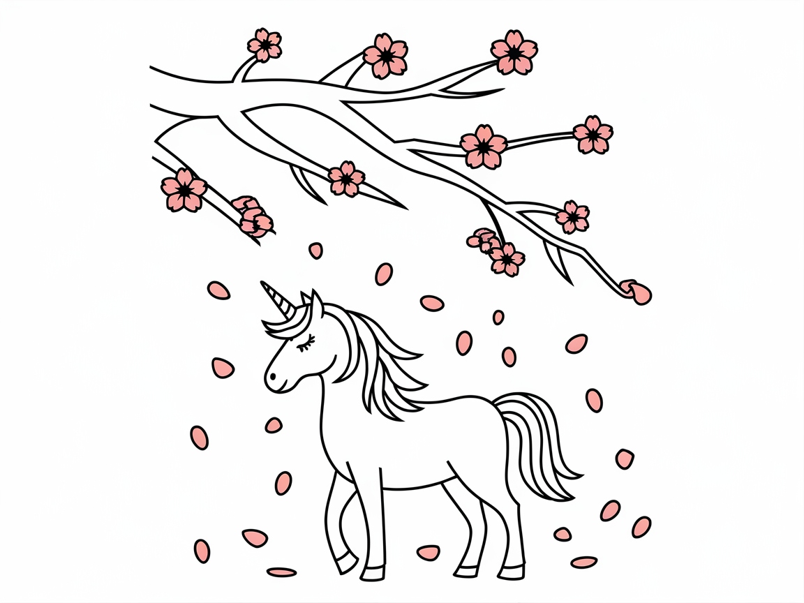 Gentle Unicorn Under Cherry Blossom Branches