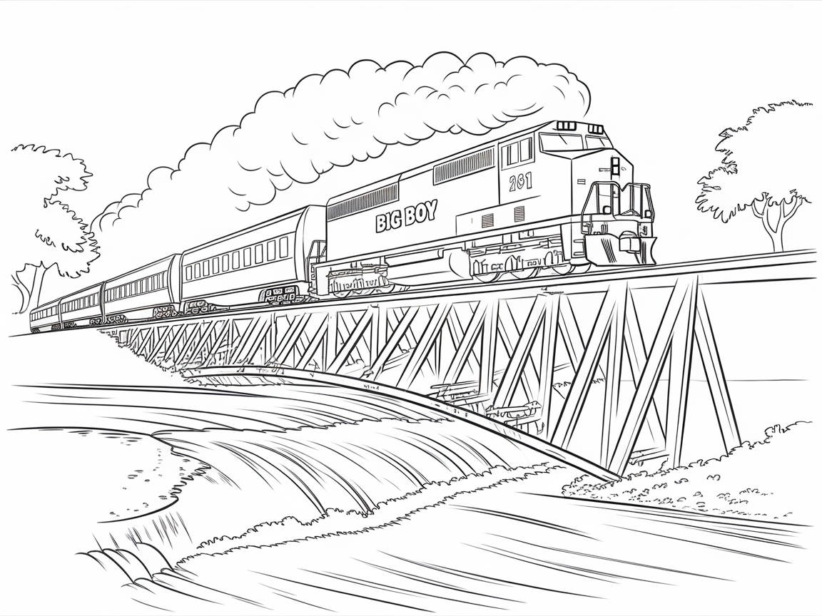 Big Boy Train Crossing the River Bridge Coloring Fun