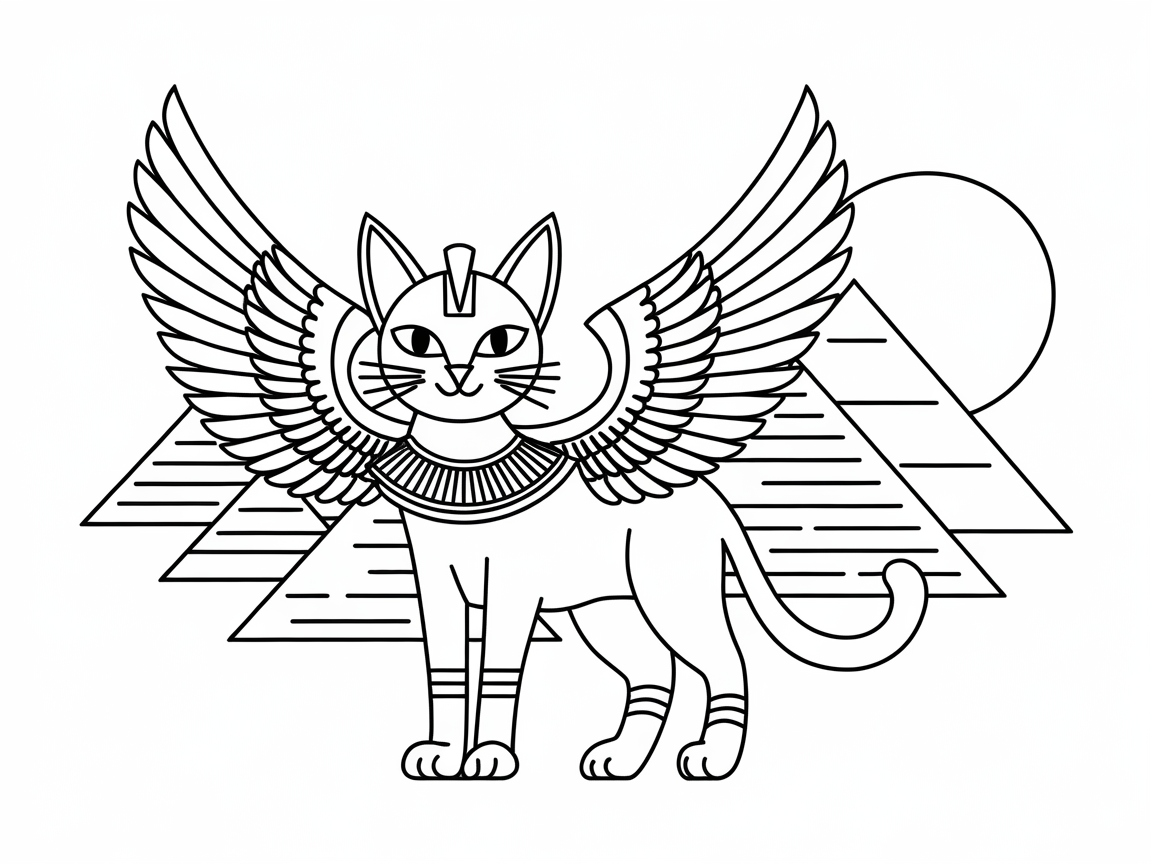 Egyptian Winged Cat Overlooking Ancient Pyramids