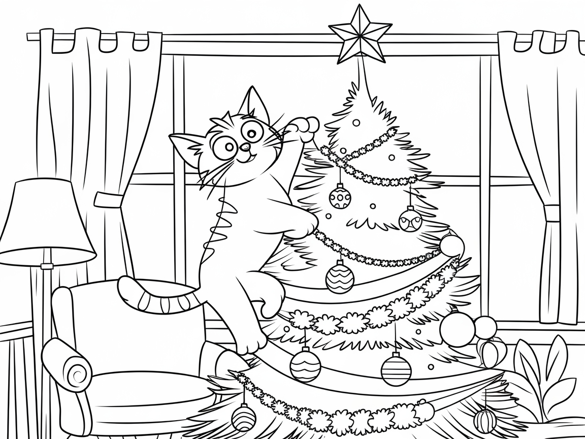 Playful Cat Climbing a Christmas Tree