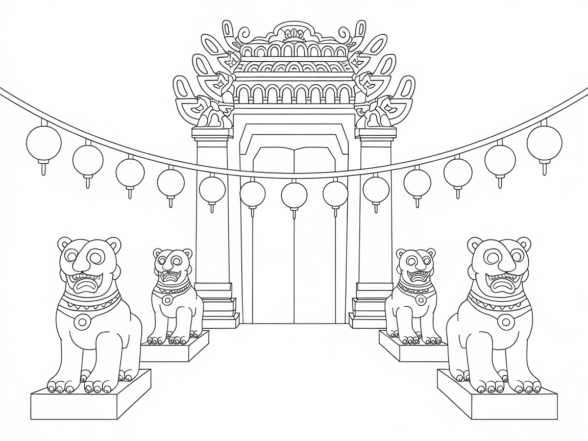 Intricate Chinese Temple Guardians and Lanterns