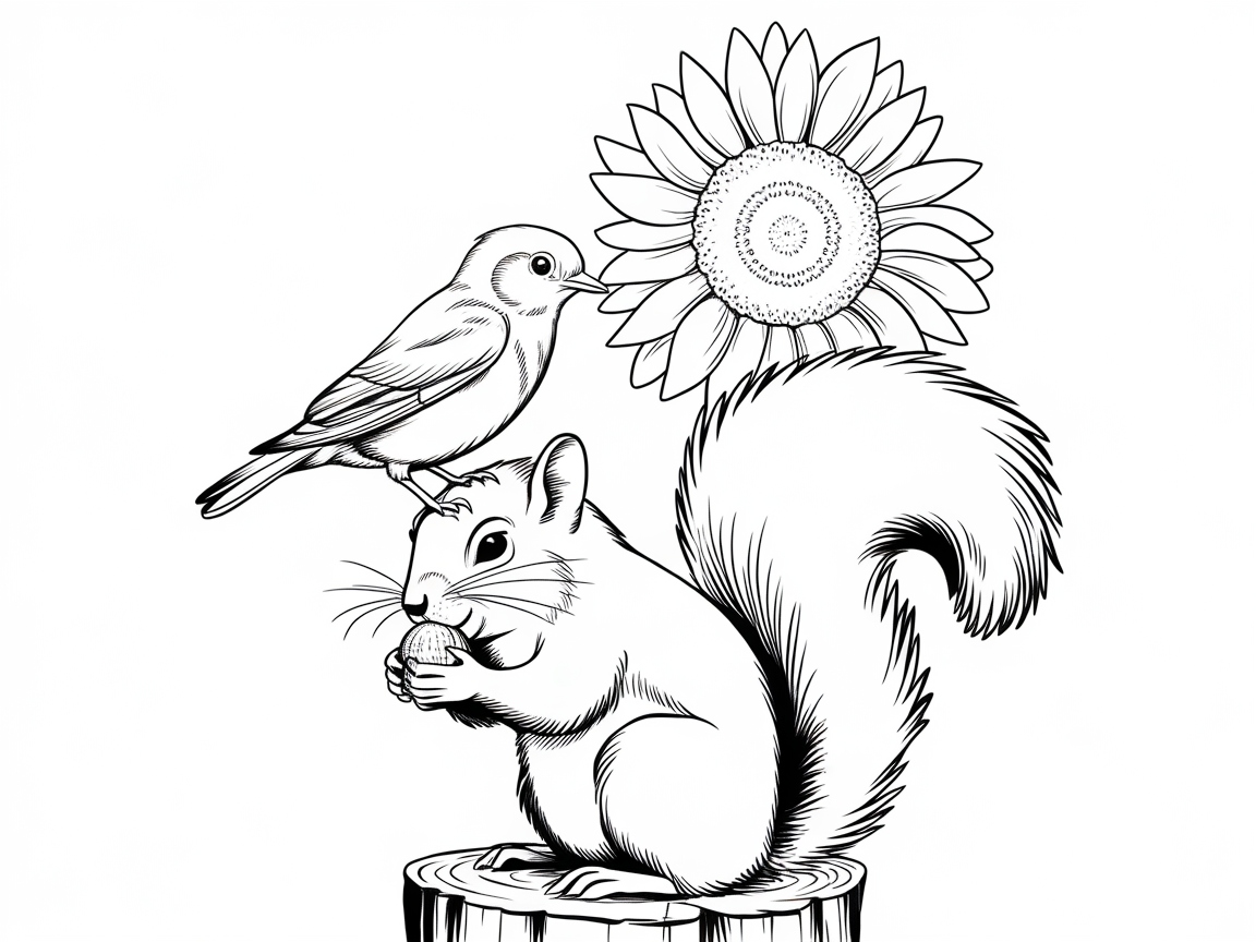 Color a Whimsical Garden Scene with a Bluebird and Squirrel