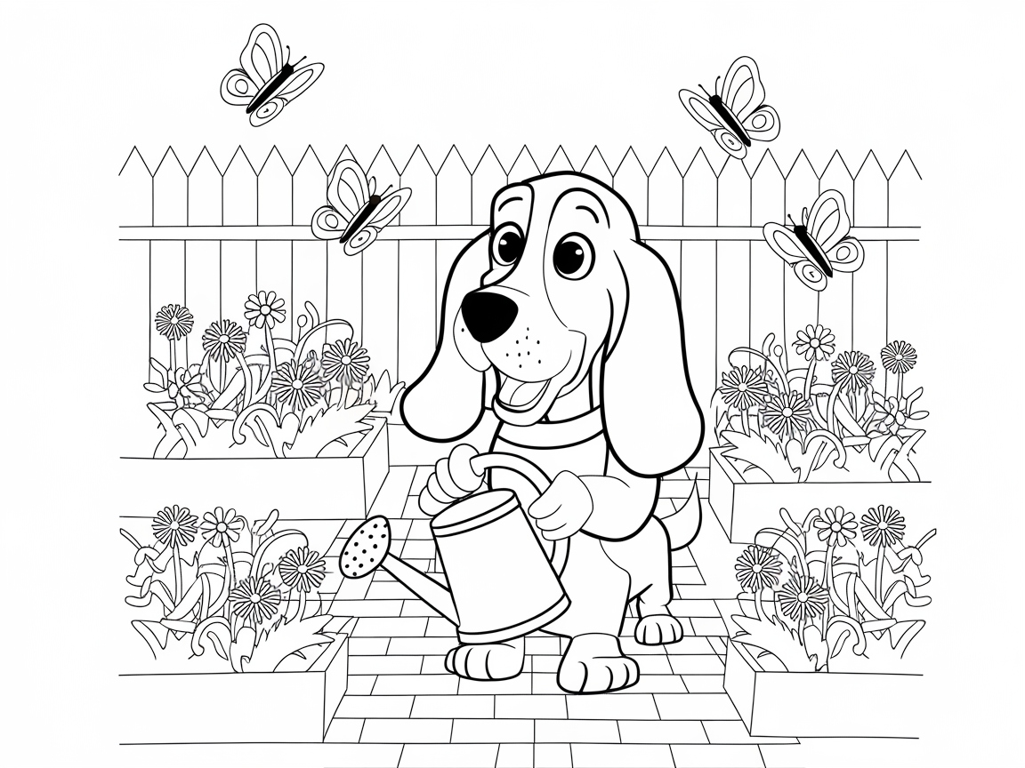 Garden Helper Basset Hound Amidst Blooming Flowers
