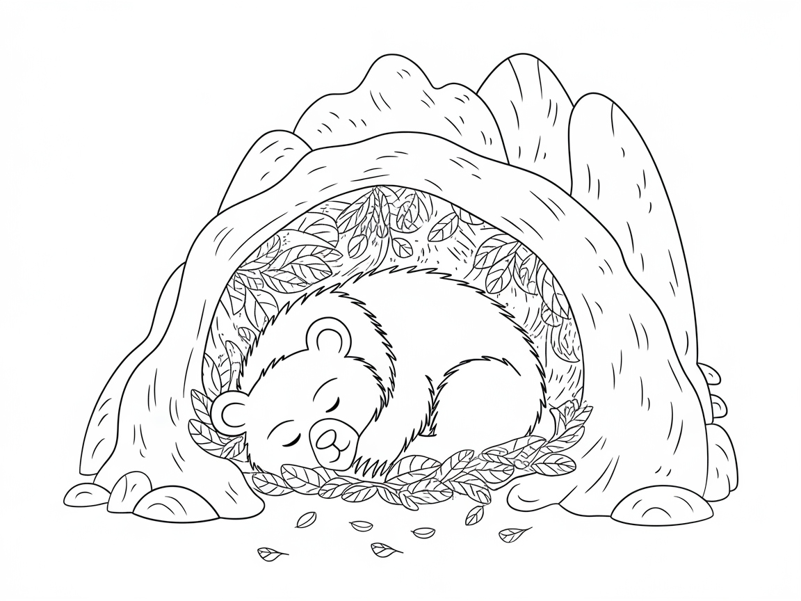 Peaceful Sleeping Bear in a Leafy Cave